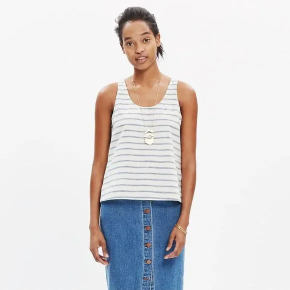 Madewell Sundown Tank Top Ikat Stripe Blue White Crop Linen Cotton Sz XXS - Picture 1 of 8
